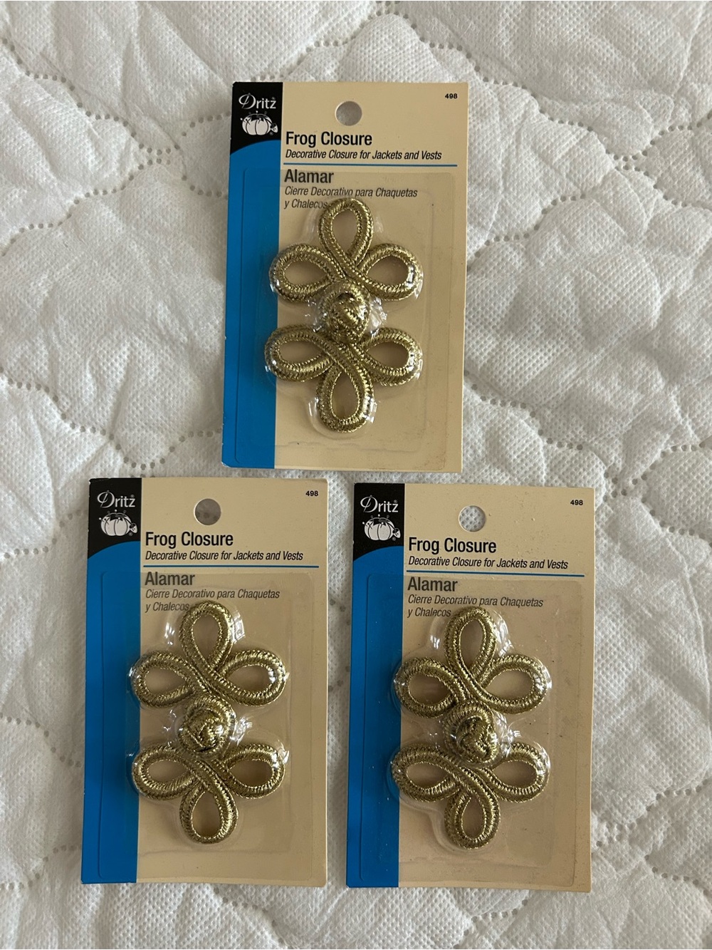 Dritz Frog Closure Lot of 3 Gold Decorative Jacket Sewing Accessory New